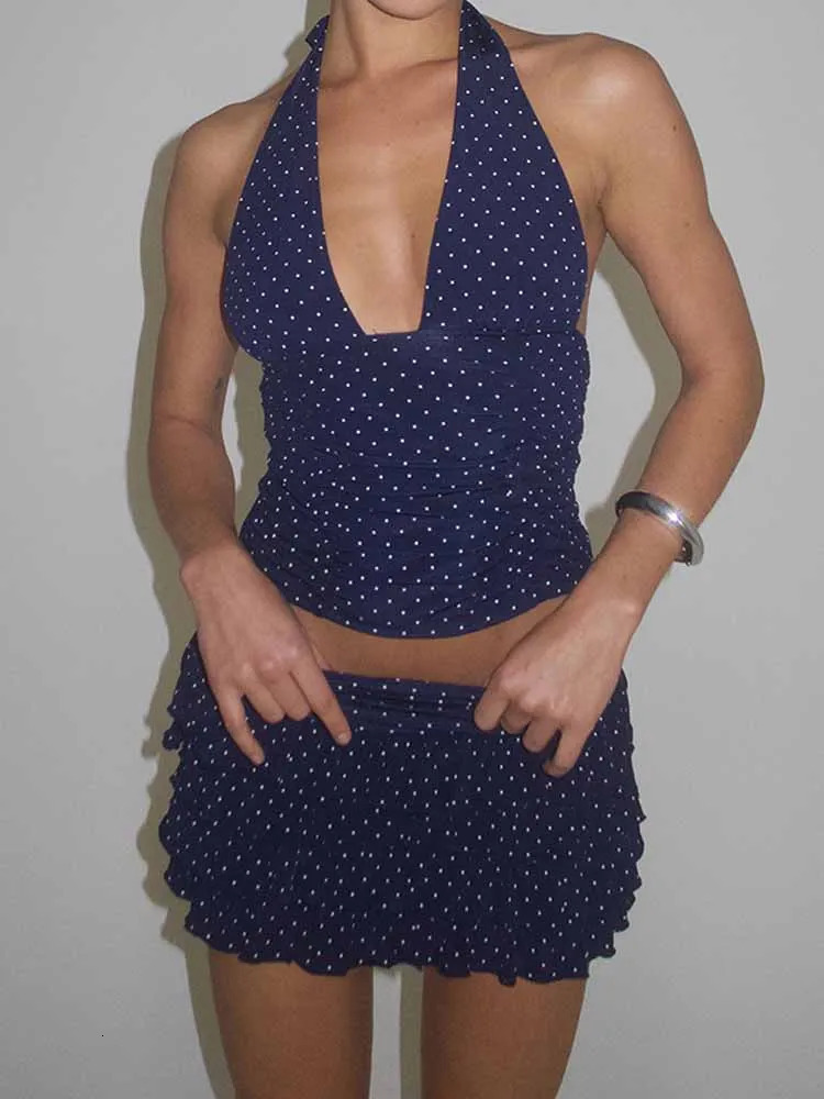 BKQU Polka Dots Skirt Two Piece Set Women Sexy V-Neck Halter Backless Tank TopMini Ruffle Cake Skirts Summer Y2k Vacation Sets 250322