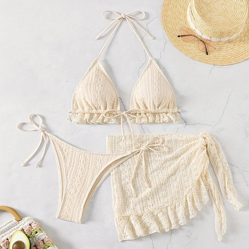 Maillot de bain trois pièces en maille européenne et américaine, couleur unie, sexy, bikini, jupe de plage, smock, pour femmes, 250324