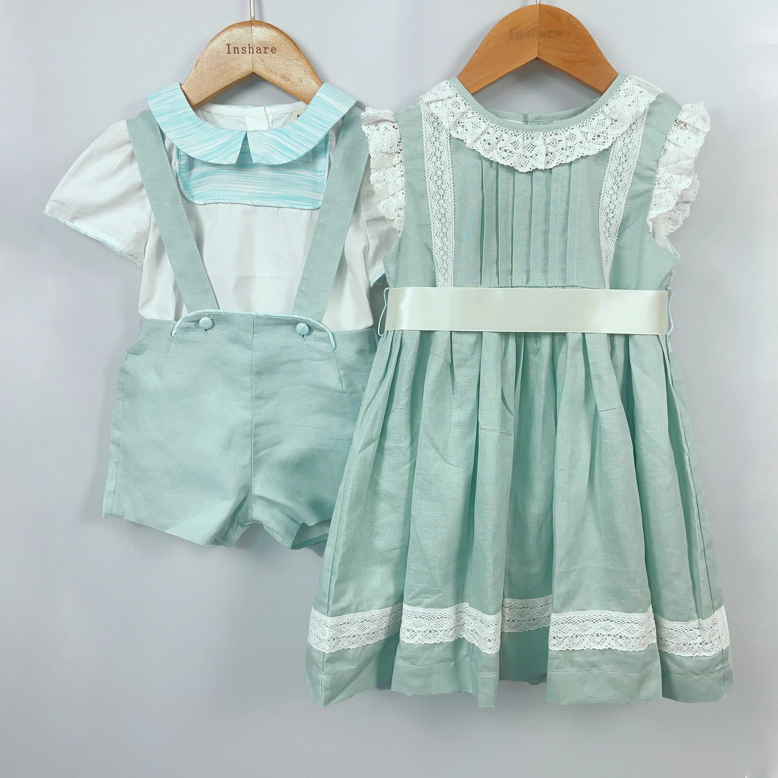 Summer Boys Girls Blue Green Cotton Linen Sauthes Boys sets Pure Cotton Girls Hobe Lace High Und Custom Sister Brothe
