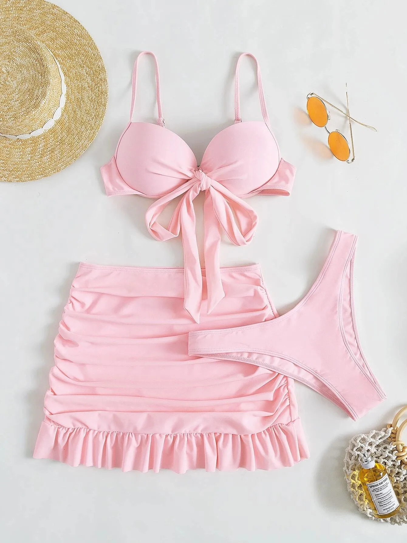 Femmes à cravate solide Bow Push Up Bikini set trois pièces avec des volants en tête de maillot de bain en maillot de bain en maillot de bain de