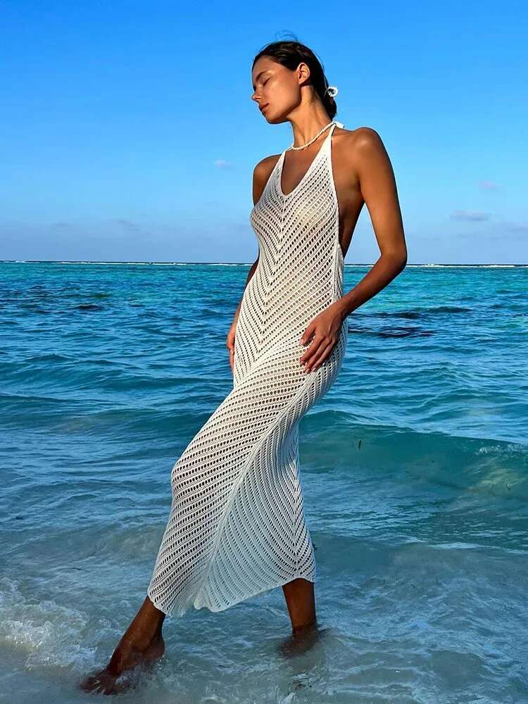 Vêtements d'été des femmes 2025 blanc tricoté sexy See-through V cou backless bodycon robe de maillot de bain beachdress