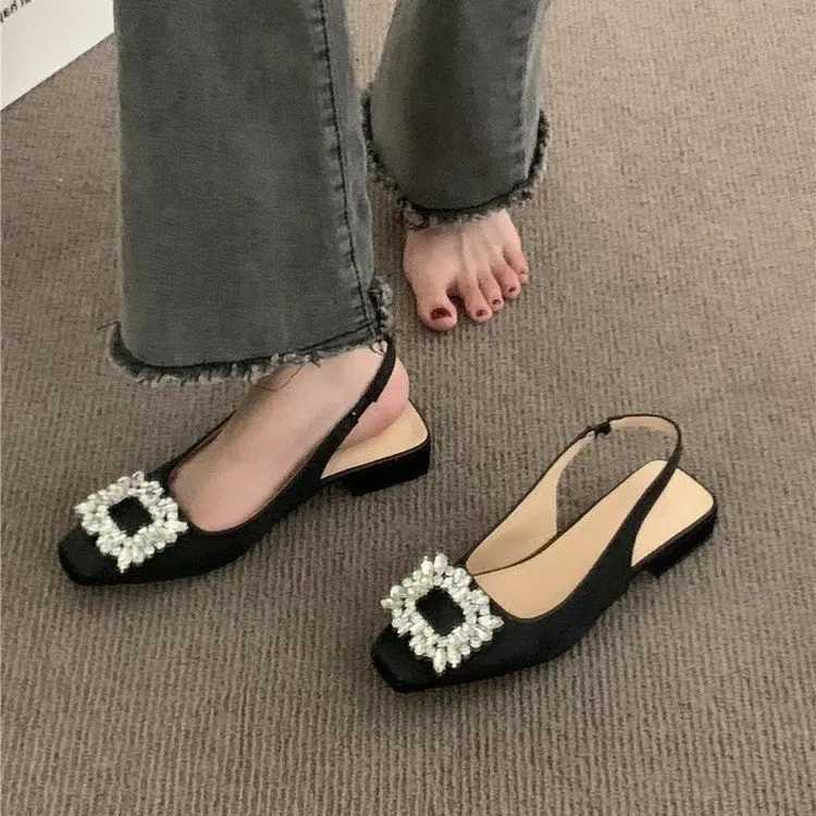 High Heel Sandals Thick Heeled Wens 2024 Summer New Button Rhinestone Fairy Sle French Square hot Toe Single Shoes Z250325