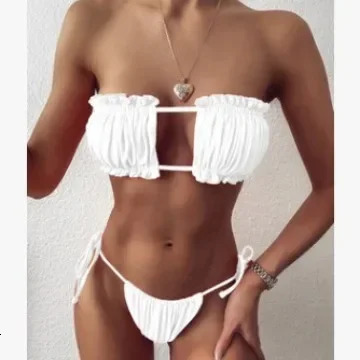 2025 Costume multicolore Sexy plissé sangle creuse maillot de bain Bikini épaules dénudées maillot de bain sans bretelles deux pièces maillot de
