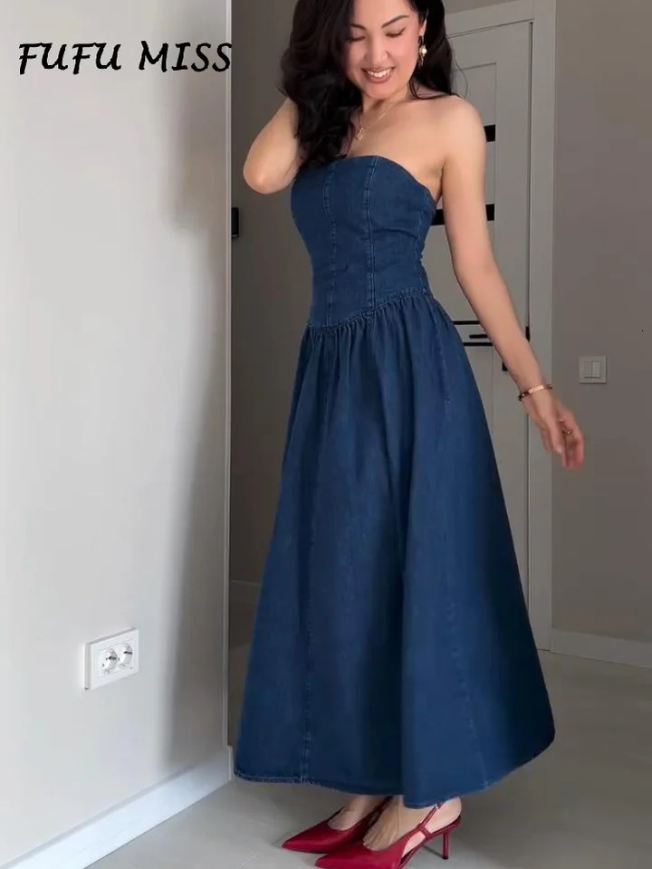 Tube en denim tops robe longue femme mince printemps d'été éclosion à la cheville plissée de la cheville robes en ligne femme robe décontractée L