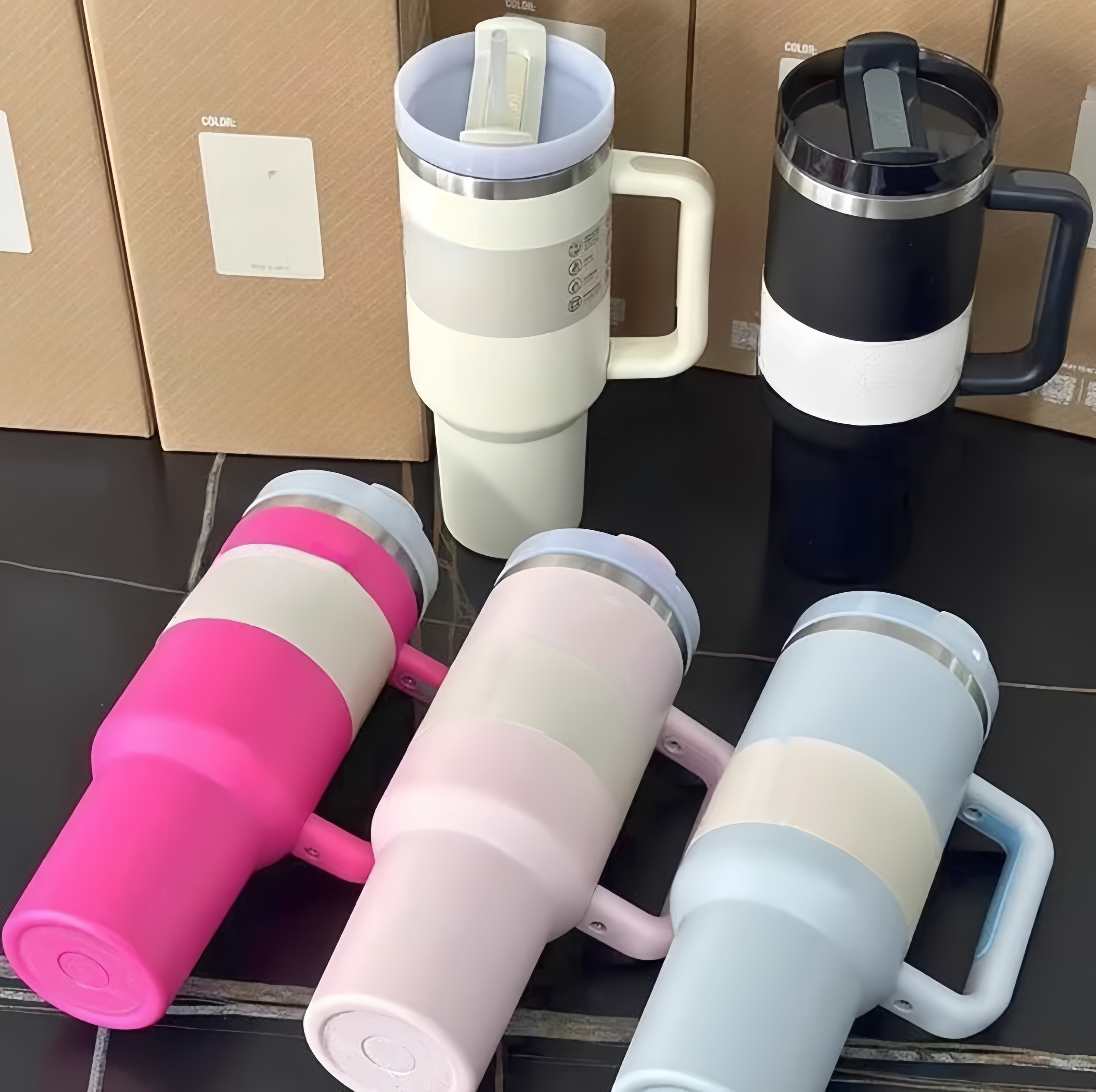 Ship From USA 40oz Tumblers Mugs Stainless Steel Tumbler with Silicone Handle Lid and Straw Cups Mugs water bottle Floral Mugs M260227-image-1095692737