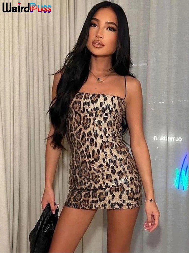 Weird Puss Leopard Print Sexy Dress Women Sequins Hipster Summer Fashion Skinny Elastic Skinny Midnight Party Clubwear Bodycon 250325
