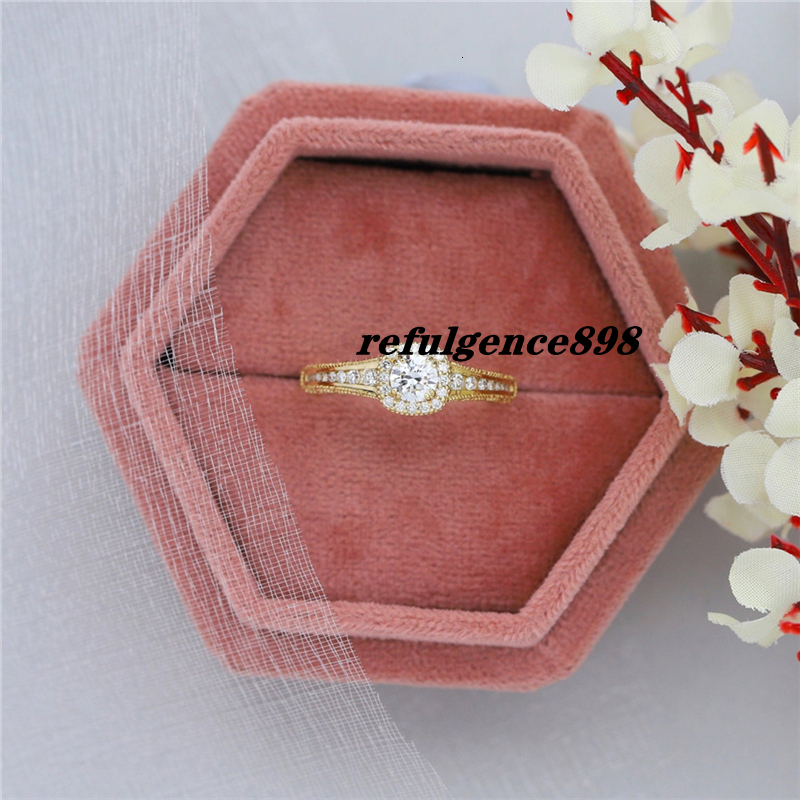 Jy Jewelry Real Gold Vintage 0,5 carat Round Cut Lab Diamond Ring Art Deco Mil Grain Ring Diamond Malf Eternity Rose Gold Perfect Engagement Anne