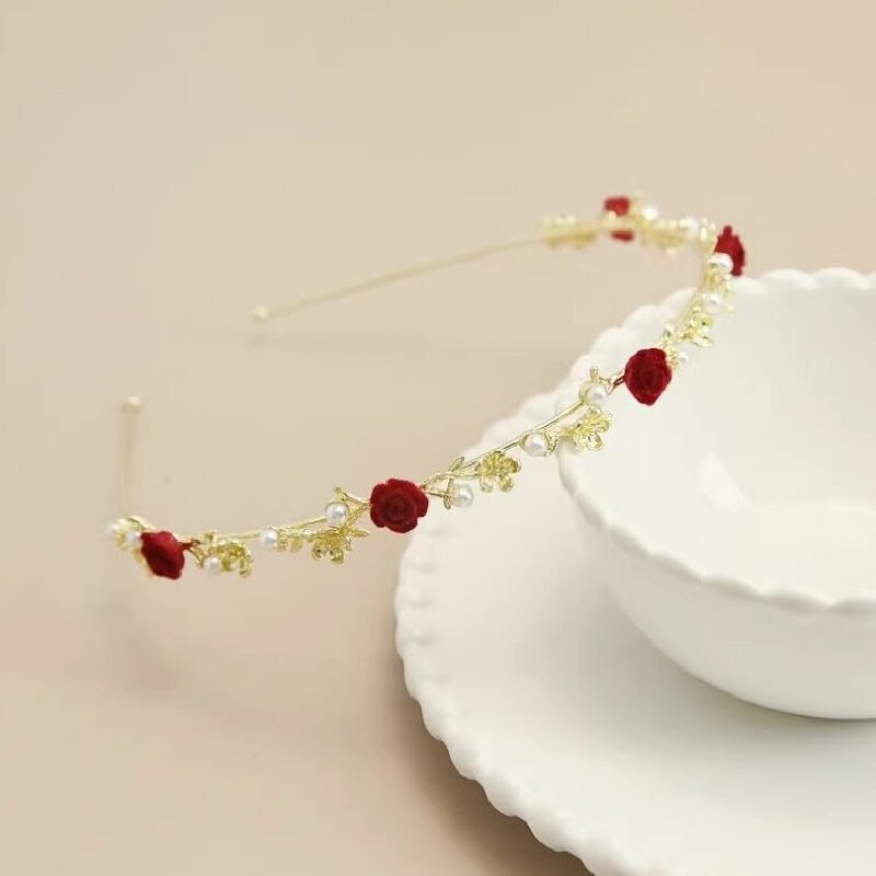 Elegant Vintage Headbands with Red Rose Accent for Weddings, Parties, and Festivals-image-1050568345