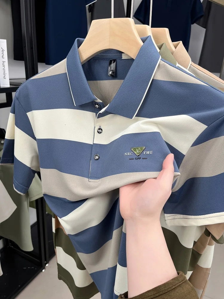 High end short sleeved polo shirt mens 2025 summer trend striped lapel Tshirt casual business Paul clothing 250322Z