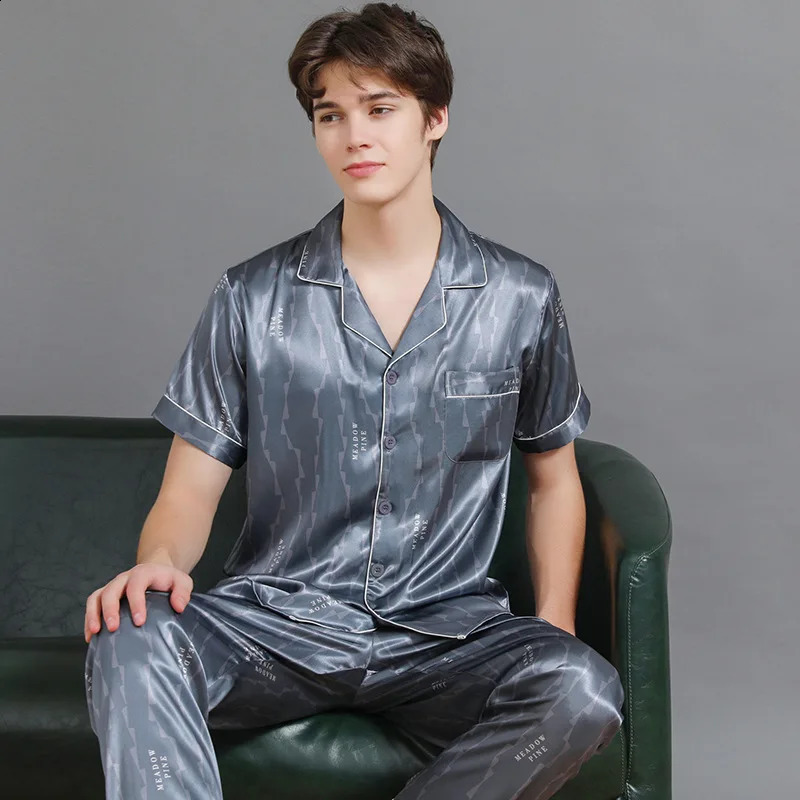 Spring and summer mens pajamas short sleeved thin ice silk summer simulated silk home silk set large size 250326BJ