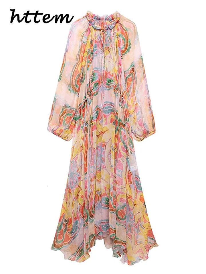 Mode imprimement en tulle robe up robe femme lâche oceck lâche longue lanterne manche plissée robes féminines d'été robes colorées 250326