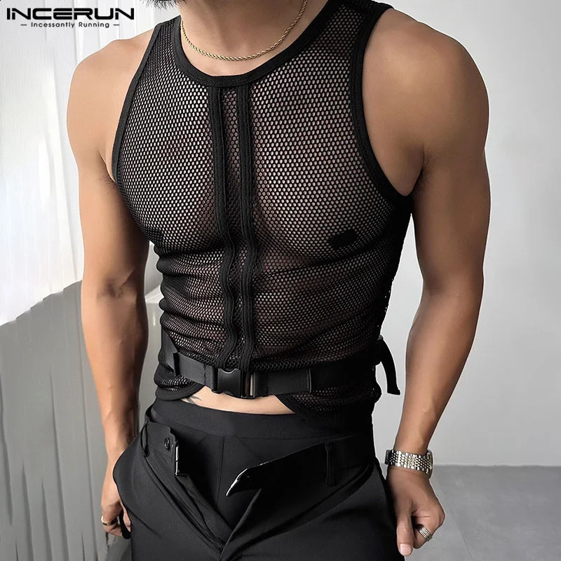 INCERUN Tank Tops Mesh Transparent Solid Color Sexy O neck Sleeveless Male Vests Streetwear 2024 Party Fashion Men Clothing250324