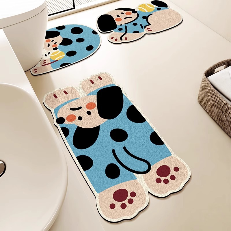 Cartoon Puppy Bathroom Floor Mat Three-piece Set Water-absorbing Non-slip Mat Diatom Mud Toilet-image-1050868504