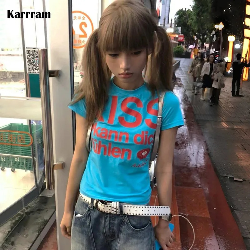 Karrram japonais y2k lettre imprimé t-shirt trash des années 2000 2000 crop top vintage harajuku tee shirt à manches courtes American rétro 90s 2