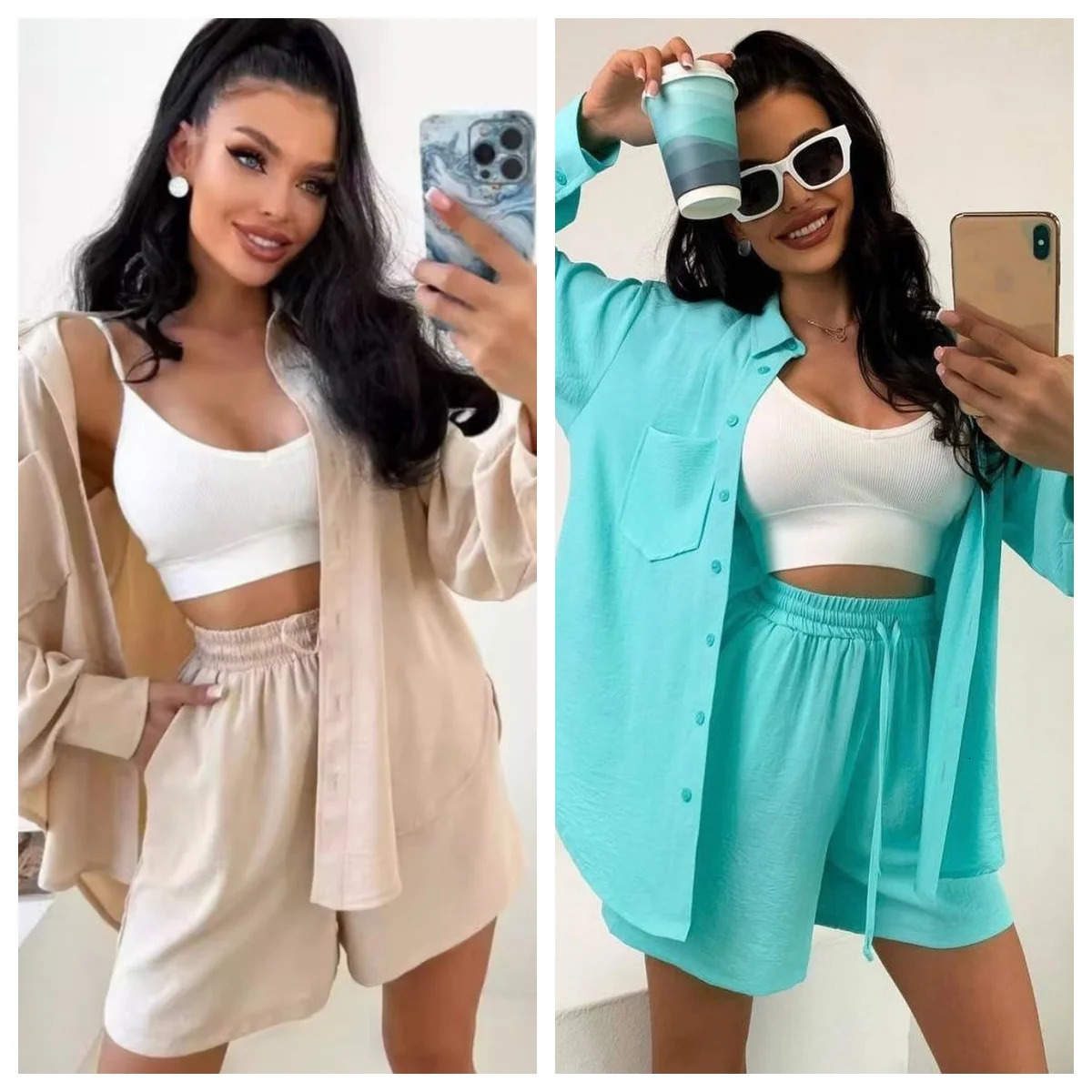 White Womens Summer Suit with Shorts 100 Cotton Loose Shirt Casual Two Piece Set Women Long Sleeve Top Muslin for 250311
