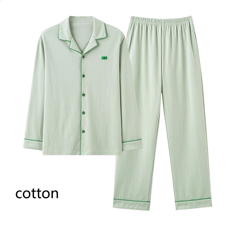 Cotton mens long sleeved autumn and winter plus size pajamas set solid color cardigan home clothes two-piece set pajamas 250326BJ