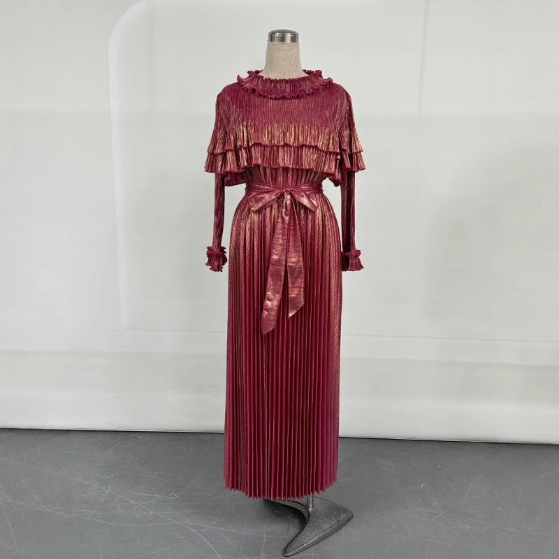 (45) Large Size Multi-color Gold Silk Fabric Dress