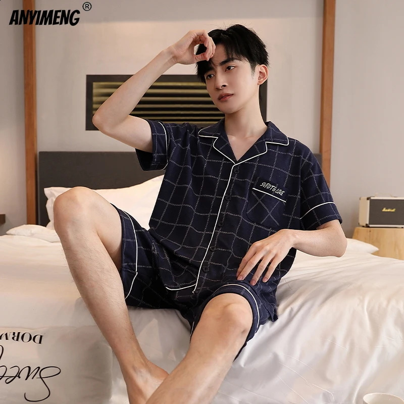 Plain weave sleepwear mens open collar mens sleepwear mens sleepwear summer short sleeved cotton lounge dress large size L-5XL sleepwear 250326BJ