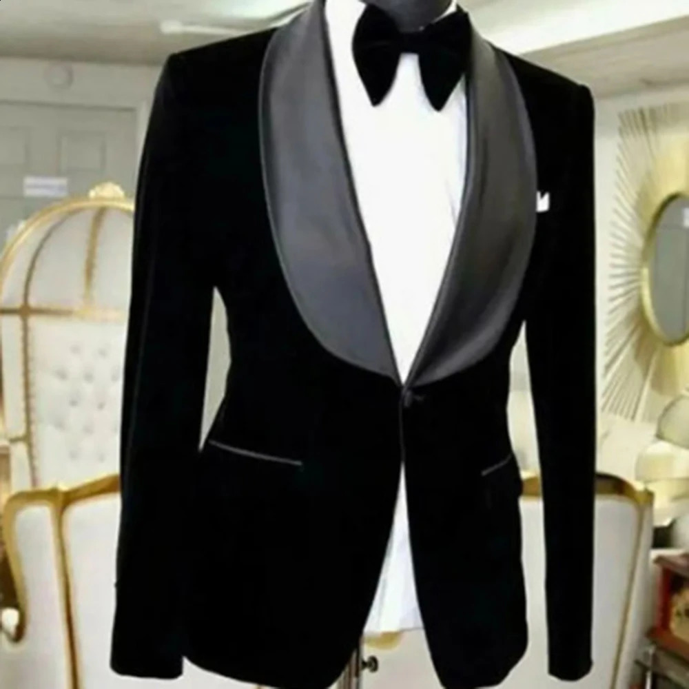 black velvet mens jacket shawl lapel single chest one piece 1 button mens jacket formal wedding party grooms jacket 250326BJ