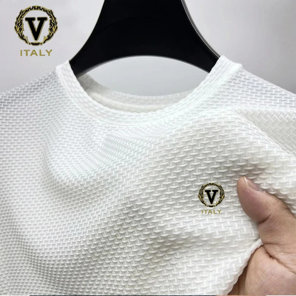 Ice Silk Tshirt Trendy Printing Mens Short Sleeve Round Neck 2024 Summer Half Thin Solid Color Tees Top Clothing 250318
