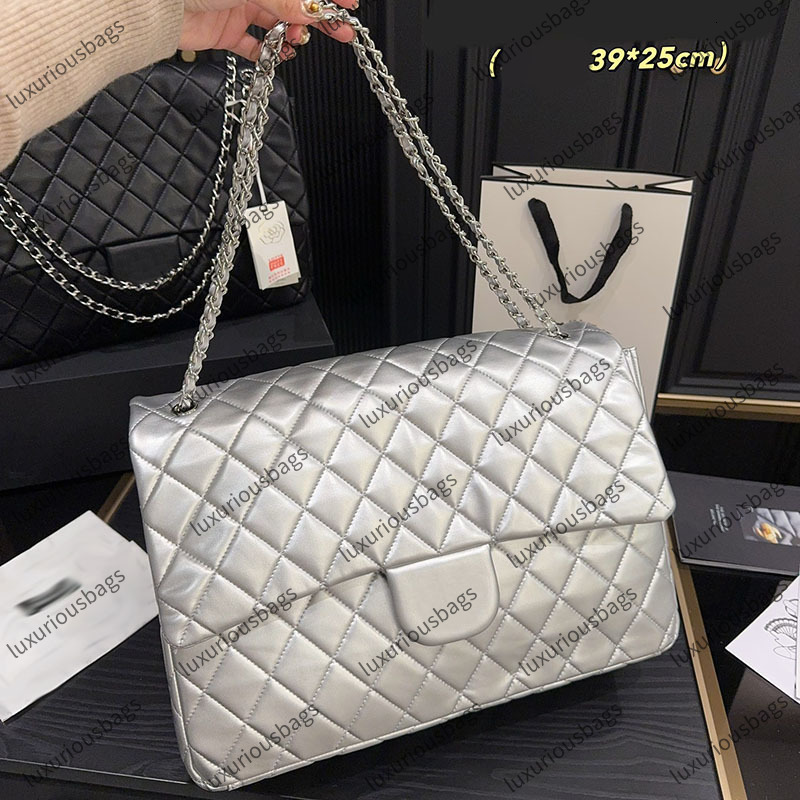 Women Designer Maxi Jumbo Classic Flap Shoulder Bag 39x25cm Caviar/Lambskin Leather Silver Metal Hardware Matelasse Chain Diamond High Capacity A