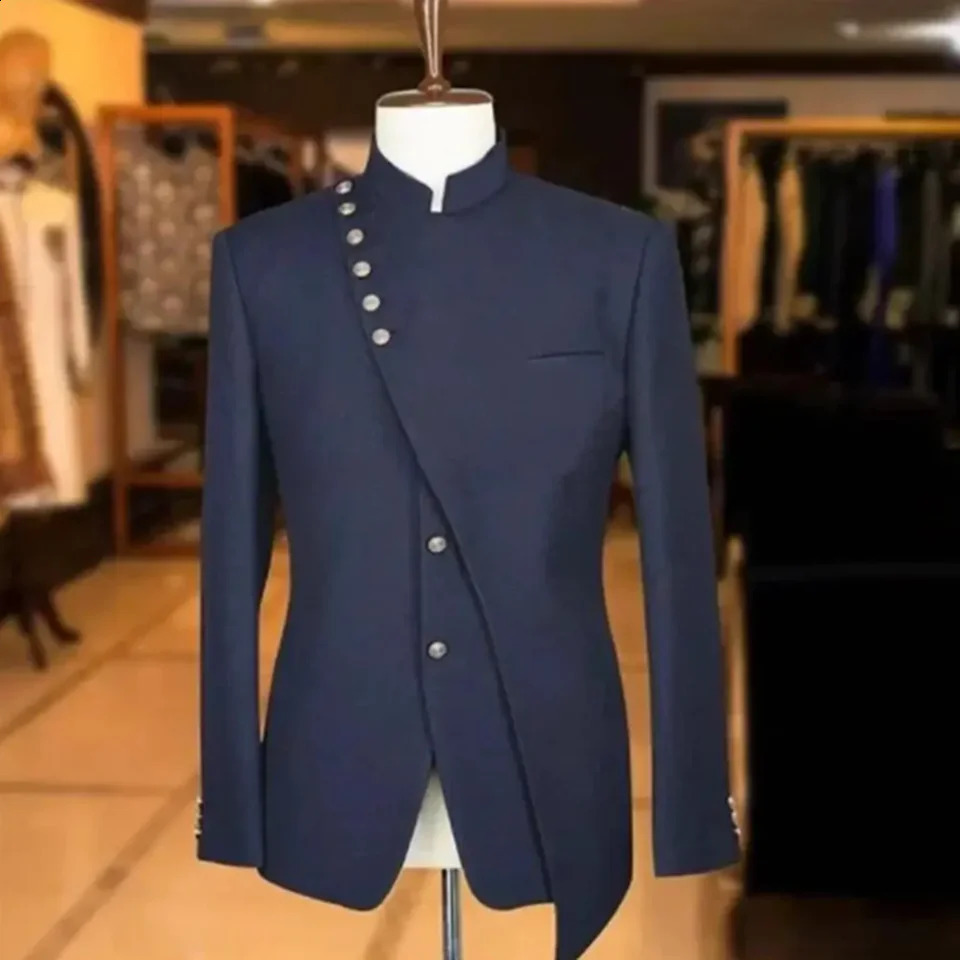 Mens Navy Blue Jacket Single Chest Stand up Collar Integrated Jacket Formal Casual Business Party Slimming 250326BJ