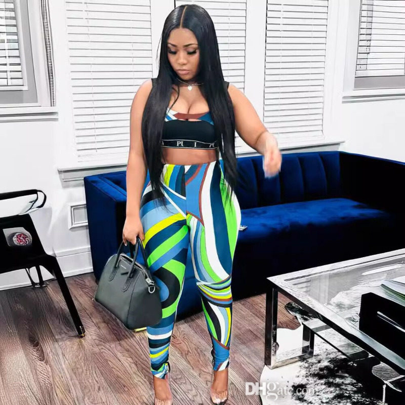 2026 Summer Designer Tracksuit Printed Two Piece Set Women Beach Vacation Colorful 2Pcs Yoga Sets Sexy Sleeveless Tank Top High Waist Pants