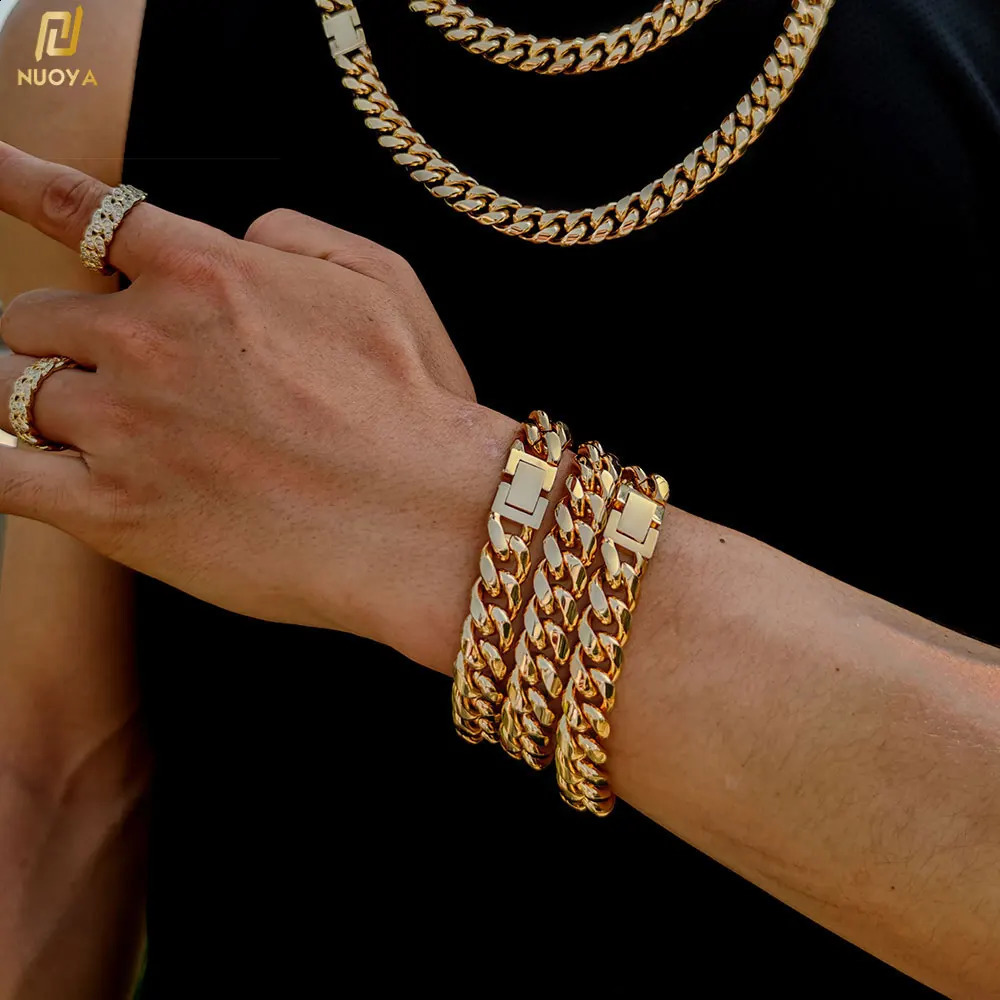 14-18mm Gold Plated Miami Pulseras De Oro Stainless Steel Cuban Chain Hip Hop Jewelry Mens Bracelet 250326