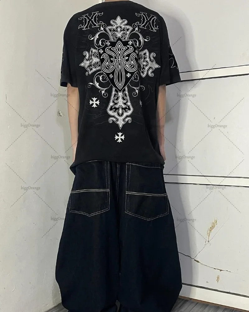 European and American Cross n Casual Loose Tshirt Mens Street Hip Hop Retro Harajuku Y2K Fashion Edition Top Womens Clothing 250322Z