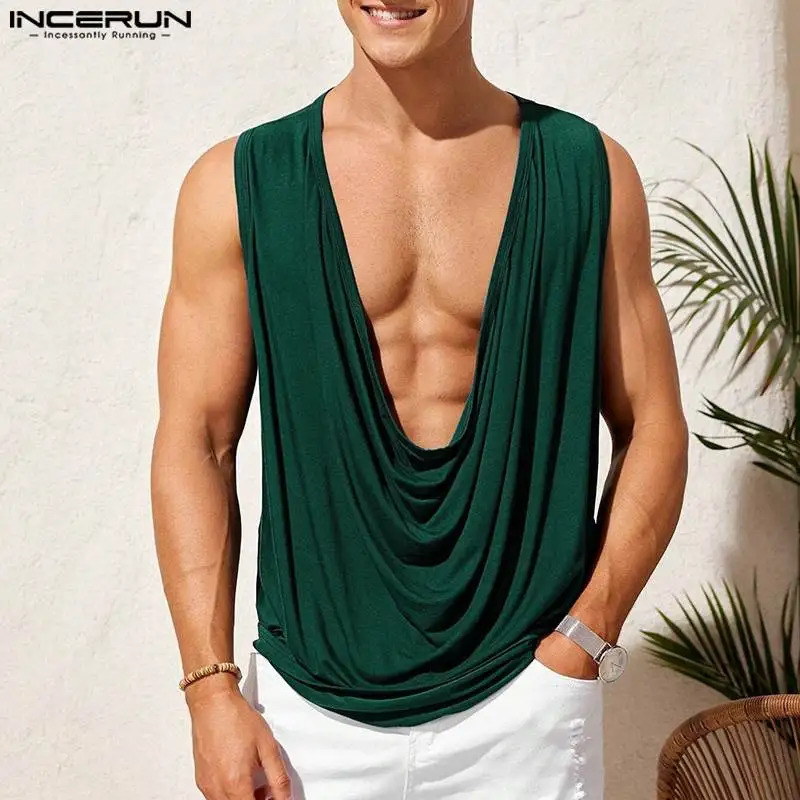 INCERUN Tops 2024 American Style Stylish Men Pile Neck Solid Allmatch Sleeveless Vests Casual Comfortable Loose Tank S5XL 250322Z