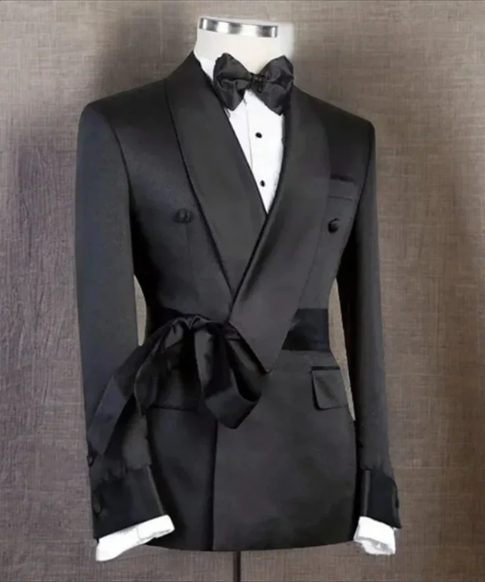 Black ultra-thin mens jacket with belt formal banquet ball and dance party costume jacket fashionable classic shawl lapel jacket 1 piece 250326