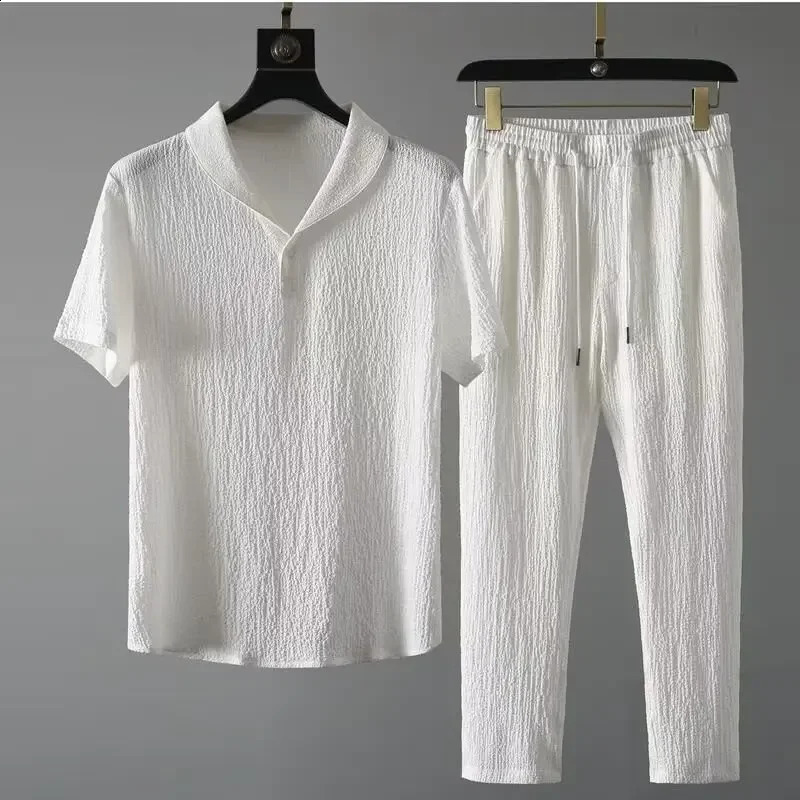Summer ultra-thin five piece ice silk linen set mens cotton linen 2-piece set loose fit mid sleeve T-shirt sportswear 250326