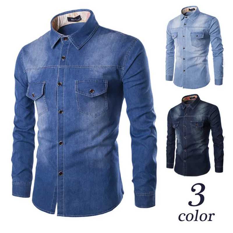 Mens washed denim long sleeved slim fit collar shirt for spring/summer 2020 designed by European and American designers with an additional jacket X2