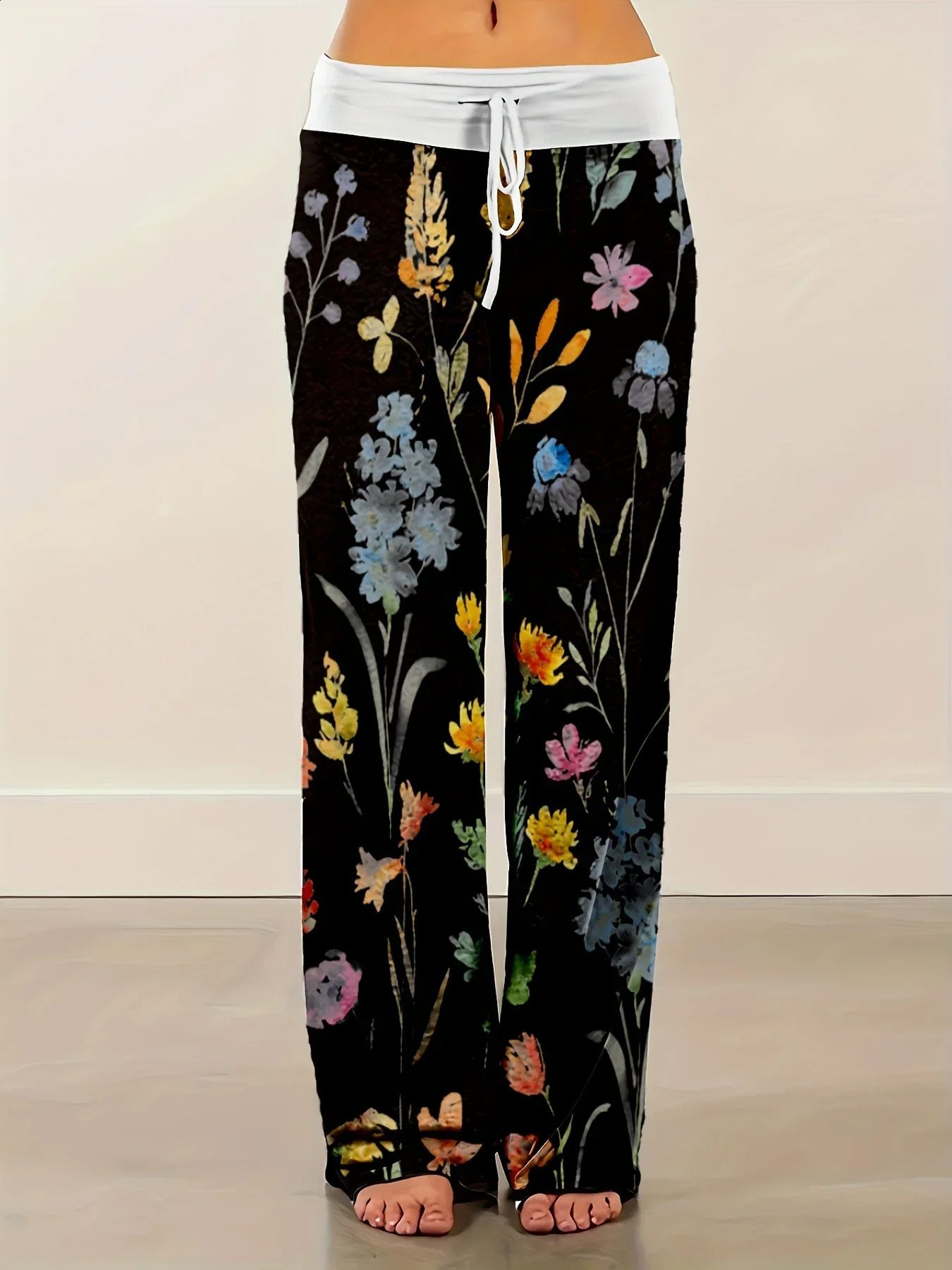 Womens 1XL-5XL Plus size fashionable loose elastic printed drawstring casual pants pajamas long and wide leg pants 250326BJ