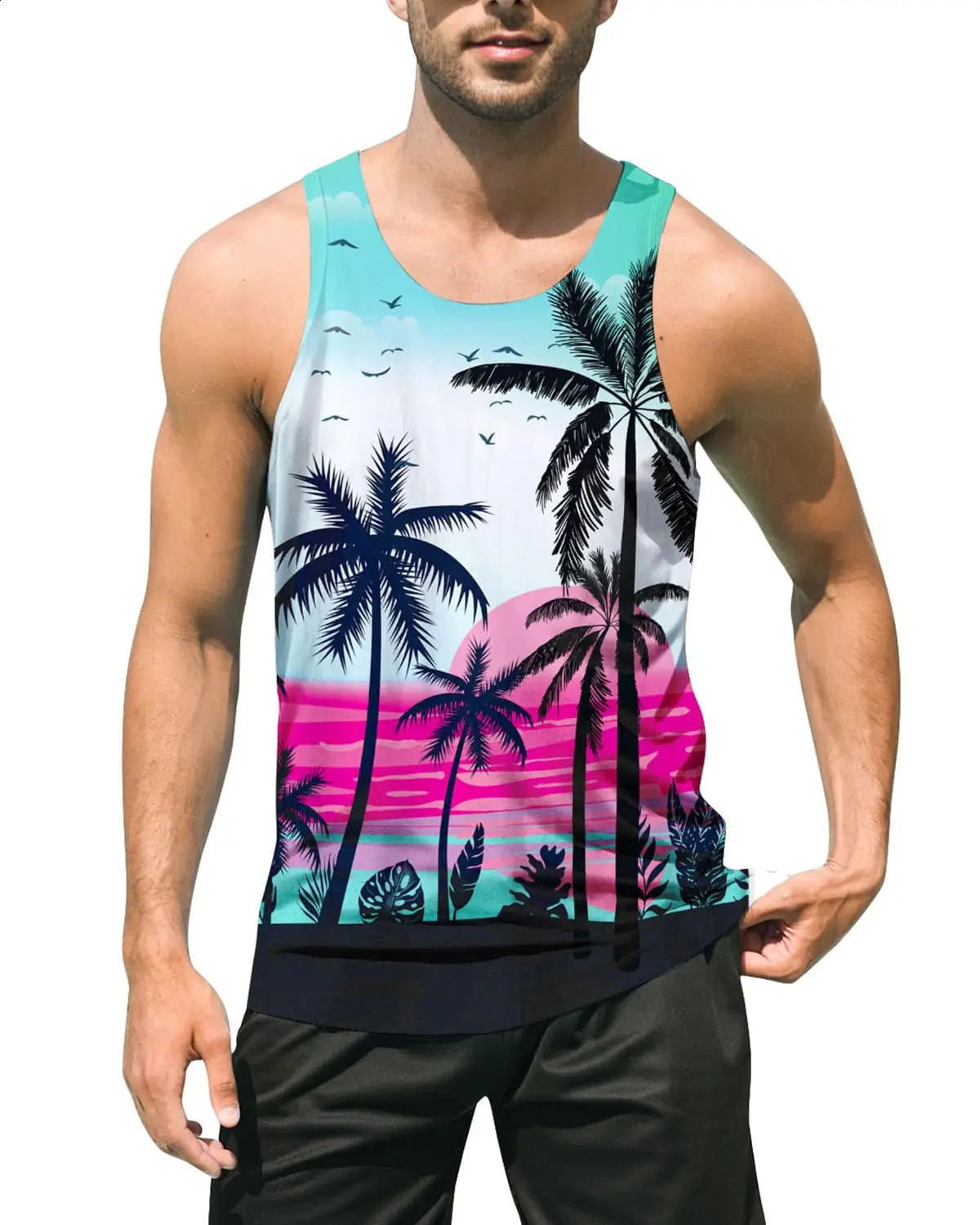 Summer mens 3D printed coconut tree vest Tshirt fashionable sleeveless clothing daily street wear casual Hawaiian beach set 250322Z