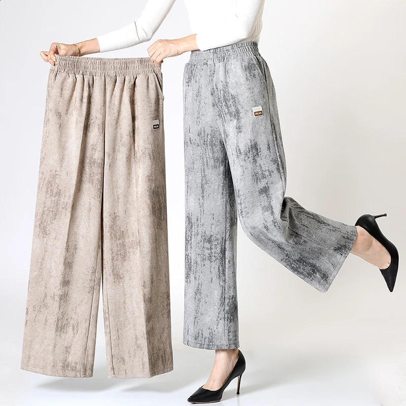 Spring and autumn simple twill wool wide leg pants suitable for winter warmth Plus velvet womens commuting elastic waist Trouser Plus size 250326BJ