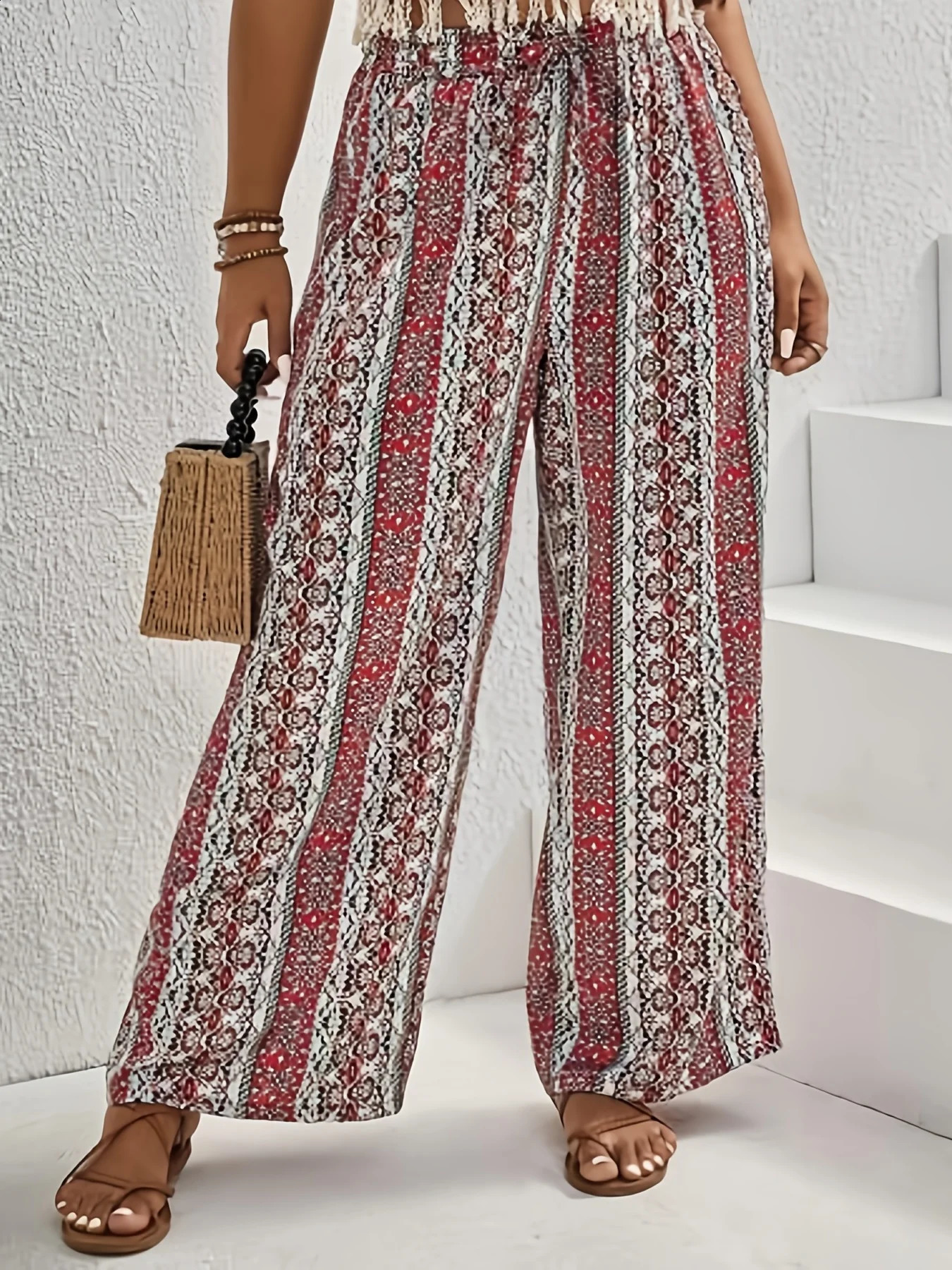 Plus size womens spring/summer fashion bohemian style lace print pocket comfortable weight loss wide leg pants 250326BJ