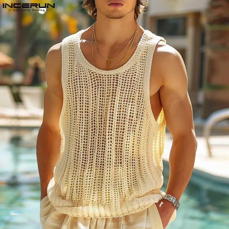 Fashion Sexy Style Tops INCERUN Mens Mesh Hollowed Vests Summer Casual Streetwear Male Allmatch Sleeveless Tank S5XL 2024 250322Z