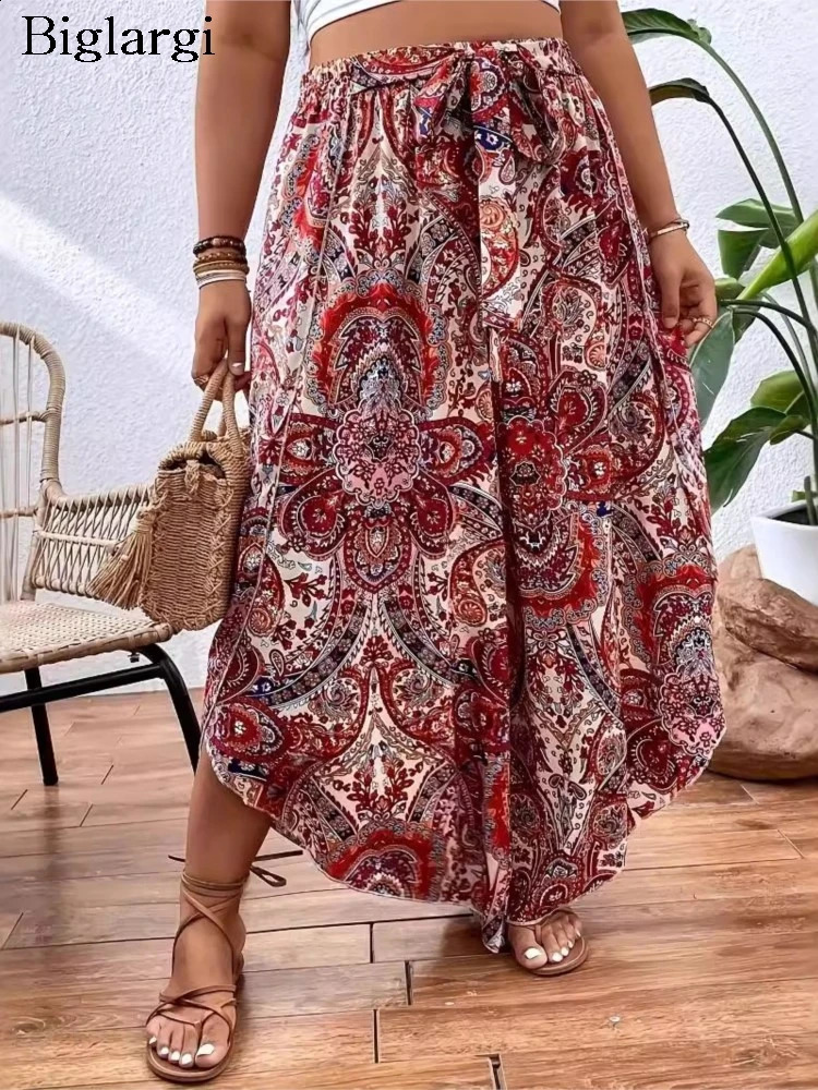 Large Bohemian style summer wide leg pants for women geometric print fashionable womens Trouser loose casual pleated womens pants 250326BJ