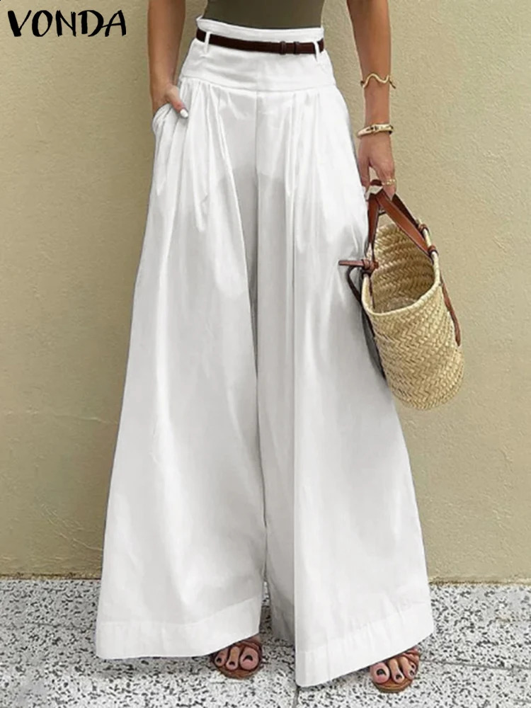 Plus Size Vonda Womens Long Wide Leg Trousers Fashion Solid Color Casual Pants Zipper Simple Loose Bottom Oversized 250326BJ