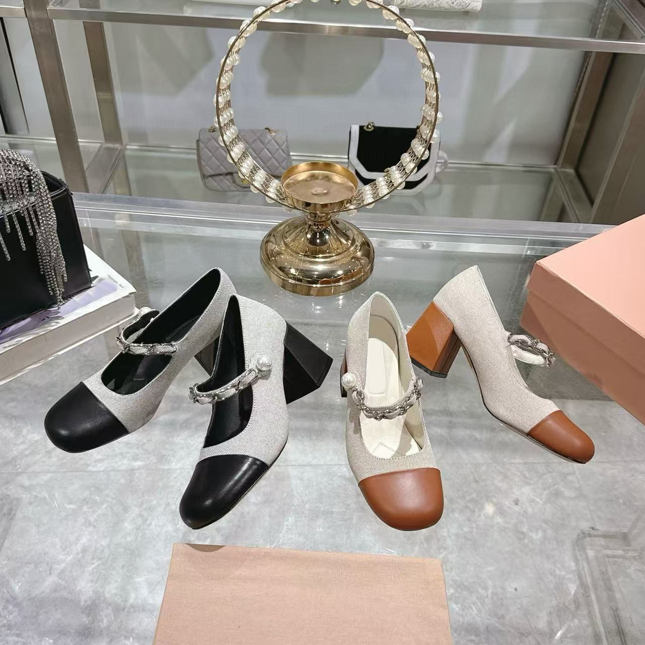 Womens Dress shoes designer Formal woman Shoes high heels Spring Autumn cowhide Square Coarser heel 100% leather lady heeled boat shoe size 34-40 Ge