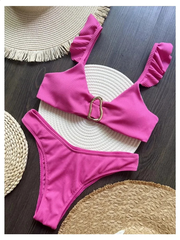2025 Womens Bikini Set Rose Red 2 Piece Swimsuit Women Sexy Ruffle Suspender Backless Beach Vacation Bathing Suit Swimwear 250322Z