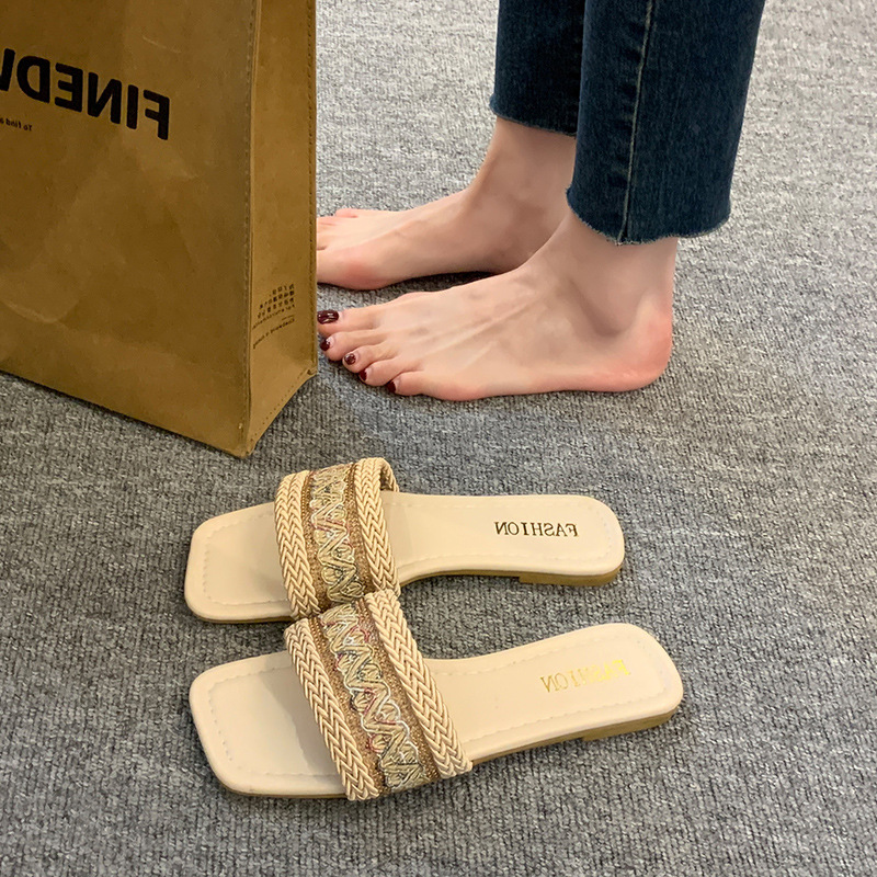Free shipping Women's summer new fashion national wind slippers wear large size straw woven sweat absorption flat casual flip-flops