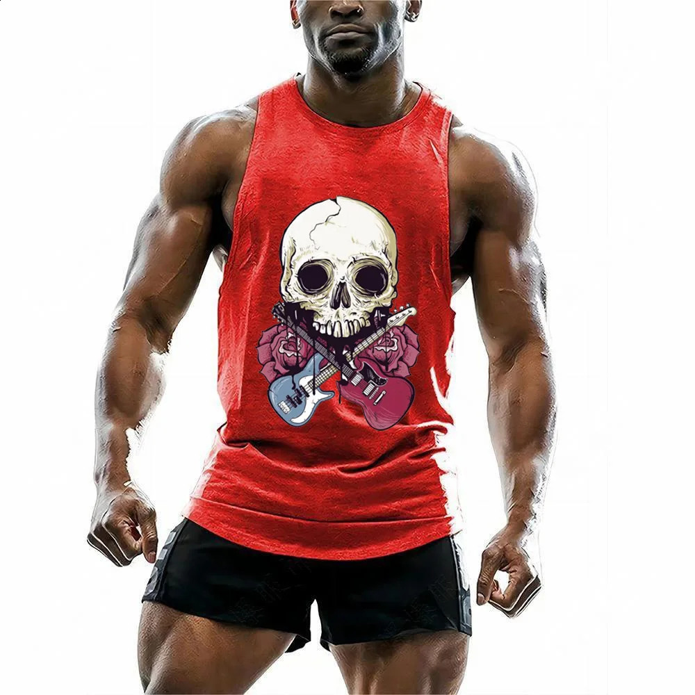 2024 retro skull print mens summer quick drying breathable sleeveless vest gym running Tshirt top 250322Z