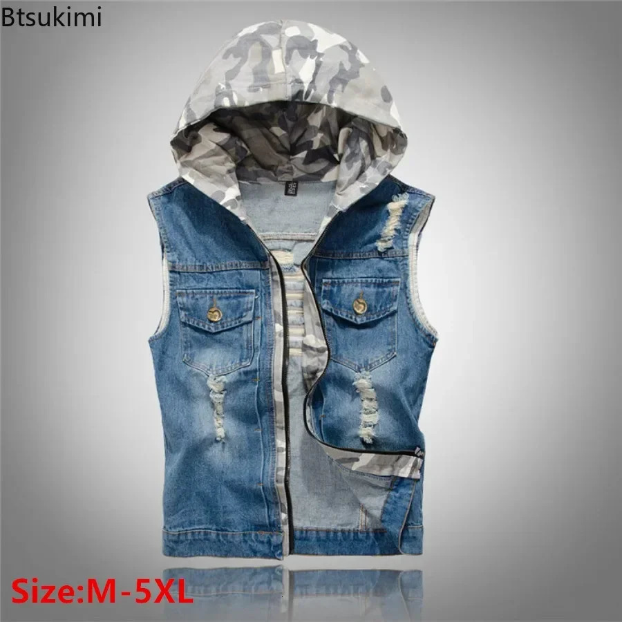 mens Korean style vest fashion ultra-thin camouflage hooded vest casual sports denim vest sleeveless mens jacket 5XL 250427BJ