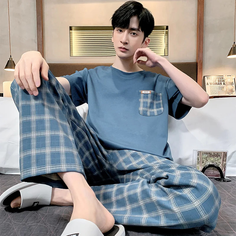 Pajamas mens tops and pants simple casual wear thin cotton mens plus size young student casual striped pajamas twopiece set 250427Z