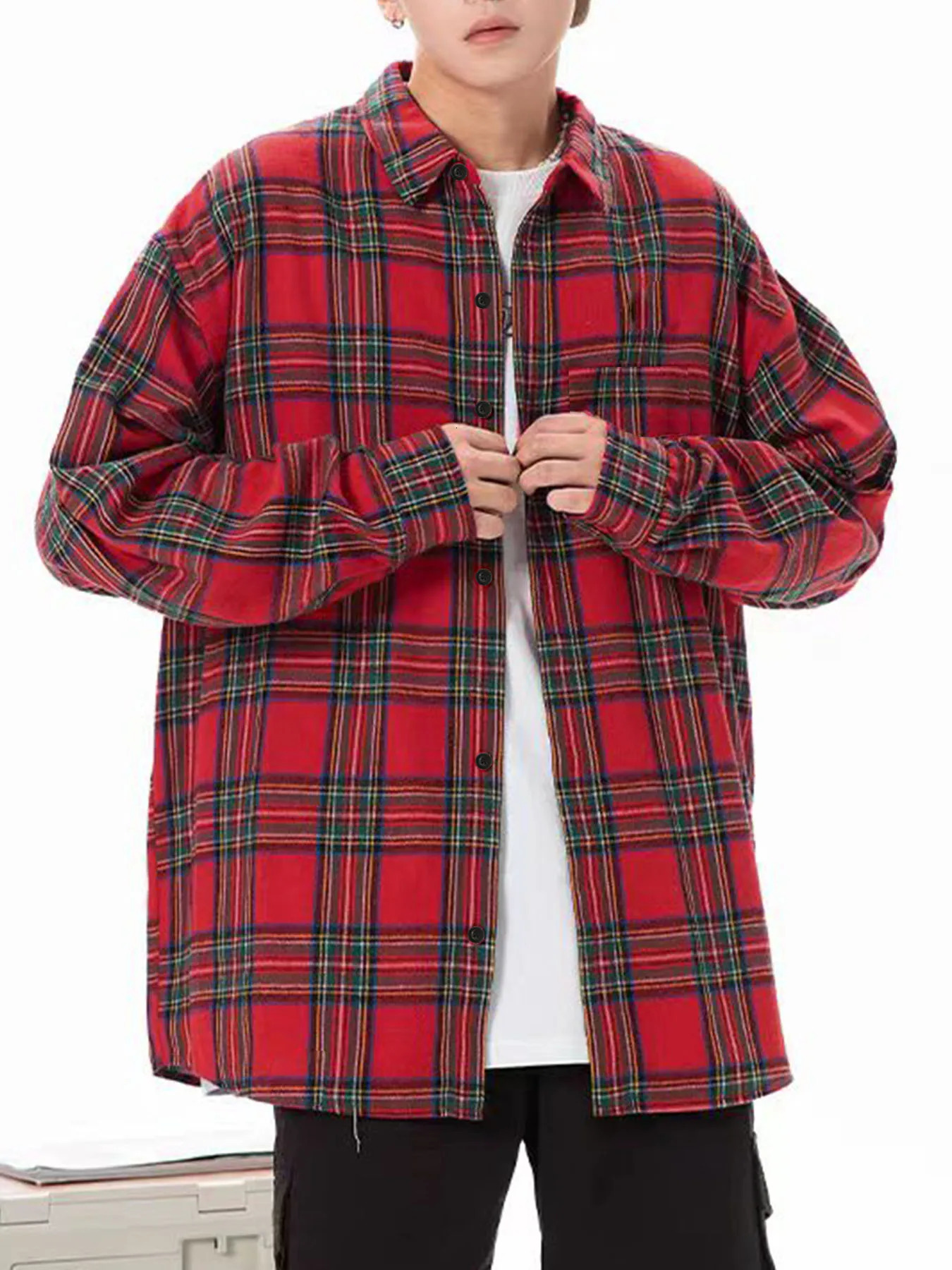 Brushed red checkered shirt mens springsummer vintage American long sleeved high sole cool bottom jacket 250420