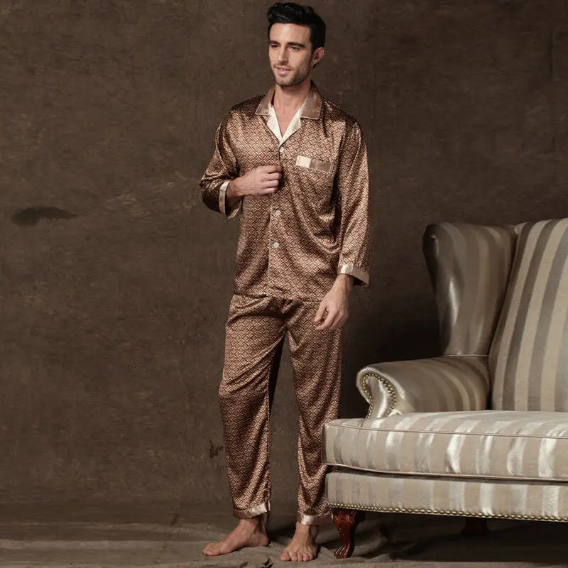 Mens satin sleepwear home clothing autumn long sleeved button up top and pants 2piece set of mens sleepwear casual wear Pj set 250427Z