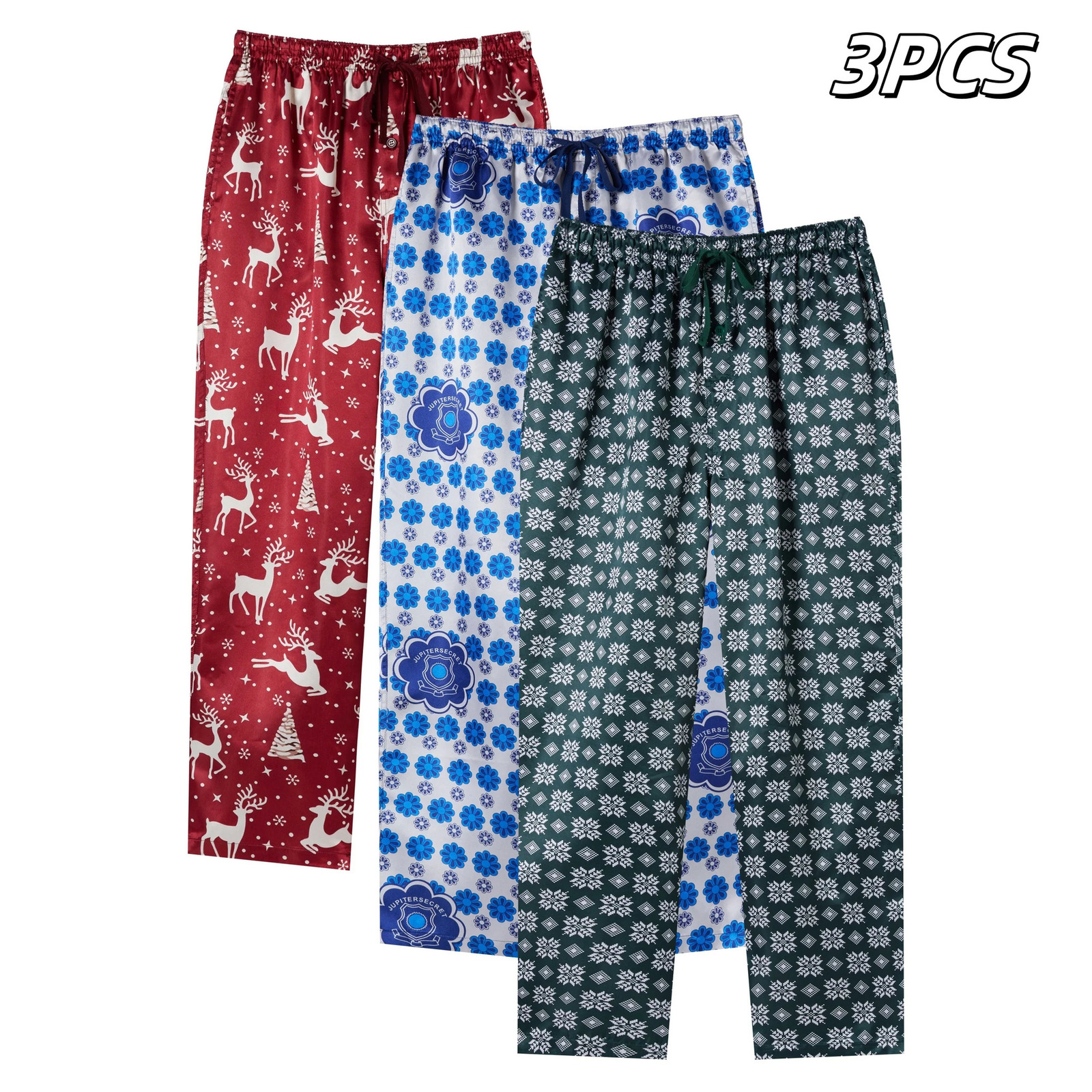 3 pieces of mens casual Christmas style pajamas with satin bottom and fashionable reindeer print pajamas with drawstring fly and pocket 250427Z