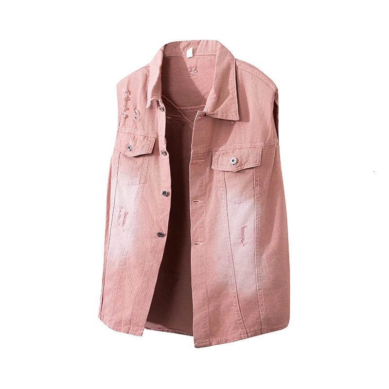 Spring and autumn mens sleeveless jacket American Rrteo casual loose pink pocket vest fashion version ripped denim lapel top 250427BJ
